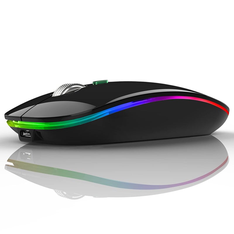 Uiosmuph LED Wireless Silent Mouse, G12 Slim Rechargeable, 2.4G Portable Optical Computer Mice with USB Receiver and Type C Adapter (Black) - Image 1