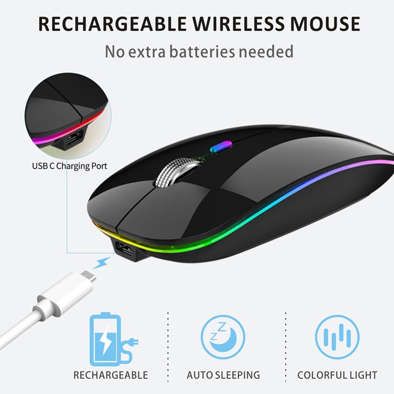 Uiosmuph LED Wireless Silent Mouse, G12 Slim Rechargeable, 2.4G Portable Optical Computer Mice with USB Receiver and Type C Adapter (Black) - Image 5