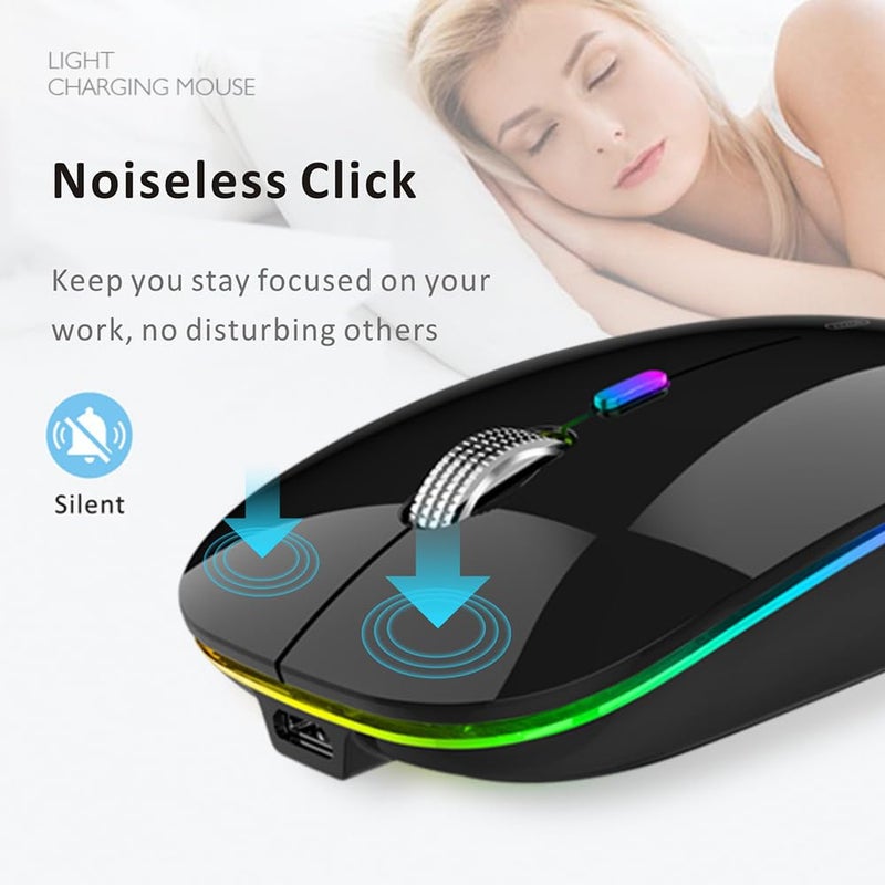 Uiosmuph LED Wireless Silent Mouse, G12 Slim Rechargeable, 2.4G Portable Optical Computer Mice with USB Receiver and Type C Adapter (Black) - Image 3