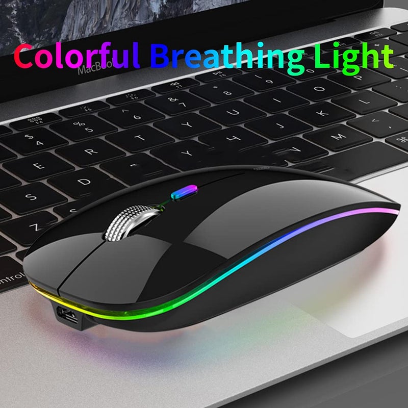 Uiosmuph LED Wireless Silent Mouse, G12 Slim Rechargeable, 2.4G Portable Optical Computer Mice with USB Receiver and Type C Adapter (Black) - Image 2