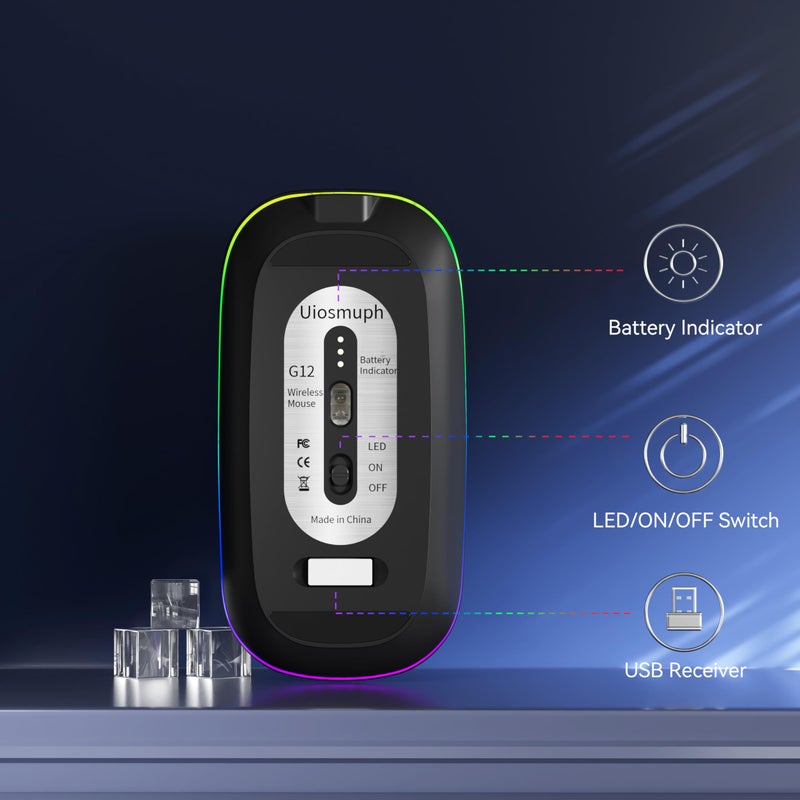 Uiosmuph LED Wireless Silent Mouse, G12 Slim Rechargeable, 2.4G Portable Optical Computer Mice with USB Receiver and Type C Adapter (Black) - Image 4