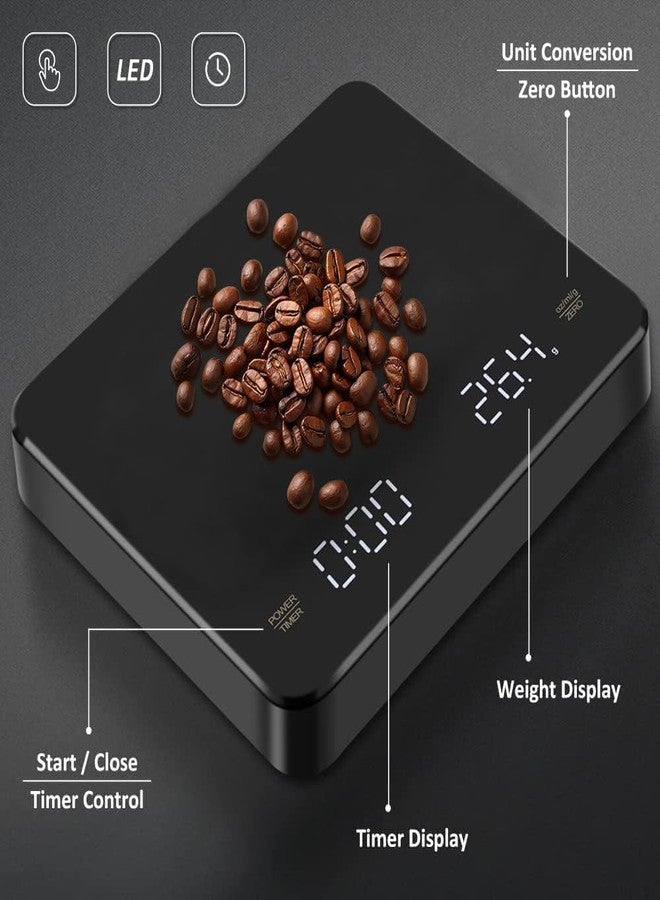 أو بيست ميزان قهوة صغير من أوبيست مع مؤقت، ميزان طعام مطبخ محمول بشاشة غير مرئية، ميزان قهوة رقمي قابل لإعادة الشحن، ميزان إسبريسو مع مؤقت، دقة 3 كجم/0.1 جم، لون أسود - Image 3