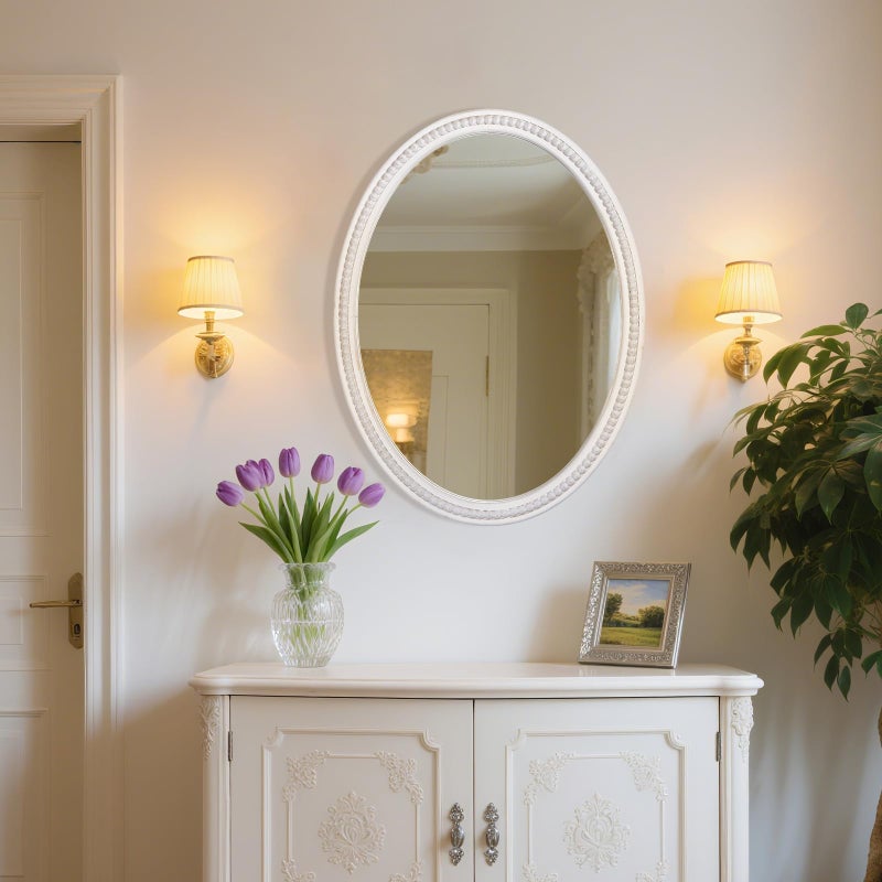 EMAISON 24" x 32" Wall Mount Wood Beaded Frame Oval Mirror, White Real Glass Modern Farmhouse Decorative Mirror for Bathroom Vanity, Entryway, Bedroom - Image 4