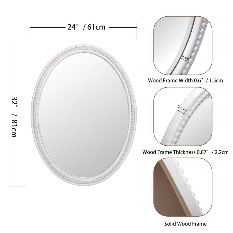 EMAISON 24" x 32" Wall Mount Wood Beaded Frame Oval Mirror, White Real Glass Modern Farmhouse Decorative Mirror for Bathroom Vanity, Entryway, Bedroom - Image 3