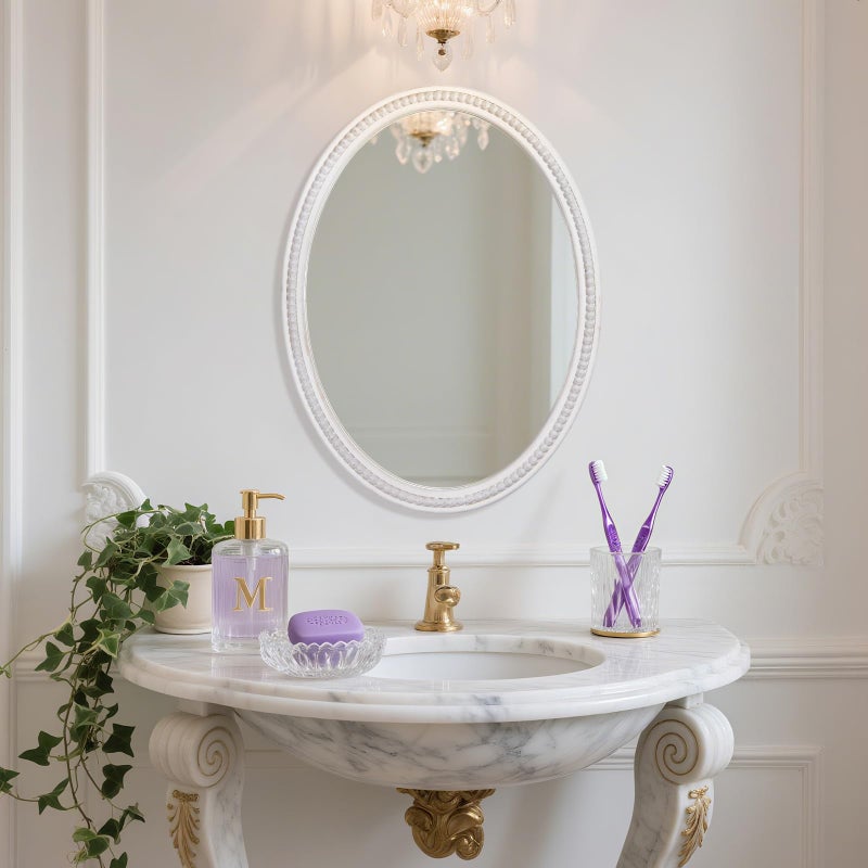 EMAISON 24" x 32" Wall Mount Wood Beaded Frame Oval Mirror, White Real Glass Modern Farmhouse Decorative Mirror for Bathroom Vanity, Entryway, Bedroom - Image 2