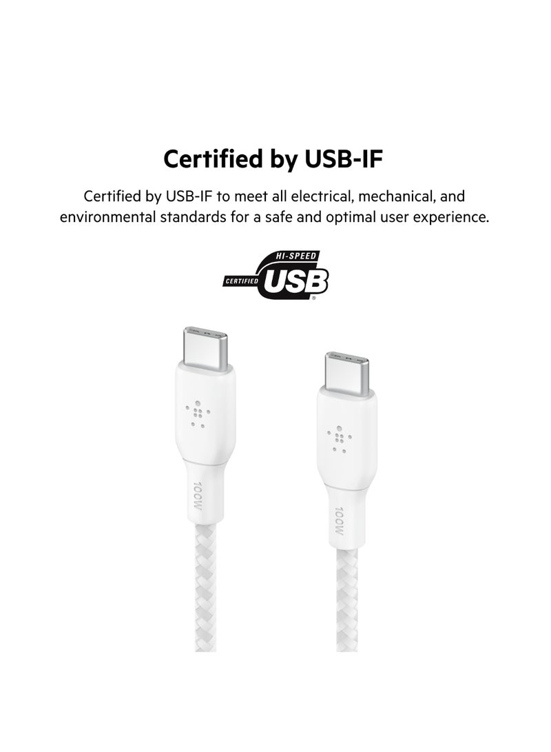 belkin USB Type C to C Cable, 100W Power Delivery USB-IF Certified 2.0 USB C Charger Cable with Double Braided Nylon Exterior for iPhone 16, 15, iPad, MacBook, Galaxy, Pixel and More -2 m, white White - Image 2