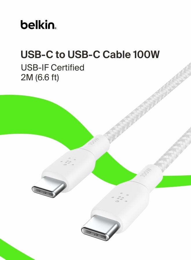 belkin USB Type C to C Cable, 100W Power Delivery USB-IF Certified 2.0 USB C Charger Cable with Double Braided Nylon Exterior for iPhone 16, 15, iPad, MacBook, Galaxy, Pixel and More -2 m, white White - Image 1