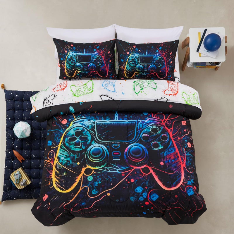 A Nice Night Boys Twin Size 5-Piece Game Console Comforter Set, for Kids Teen 3D Colorful Background Space Universe Gamepad Gaming Printed Matching Sheet Sets - Image 1
