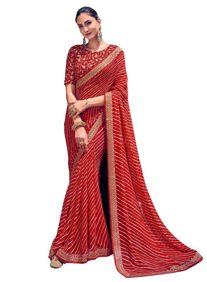 shiv textiles ساري شيف للأقمشة النسائية من جورجيت ليهريا وحدود دانتيل (SAT-532S-RED) - Image 1