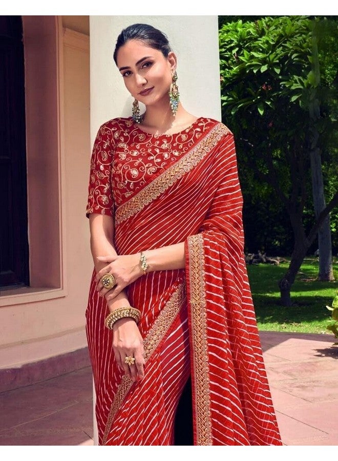 shiv textiles ساري شيف للأقمشة النسائية من جورجيت ليهريا وحدود دانتيل (SAT-532S-RED) - Image 2