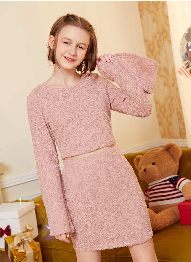 Generic - Teen Girls Flounce Sleeve Crop Fleece Top & Skirt - Image 1