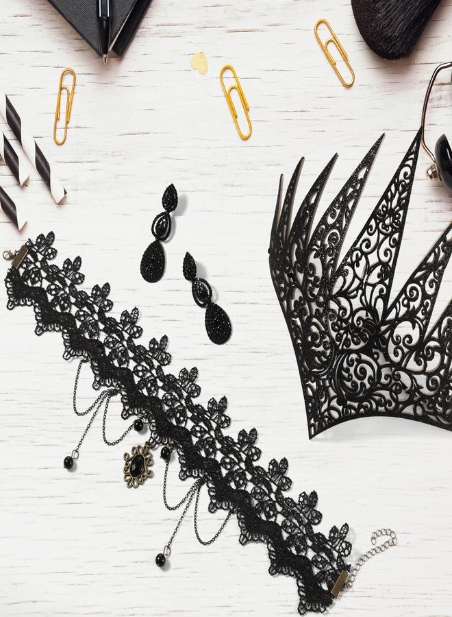 Jadive 4 Pcs Goth Accessories Black Gothic Witch Crown Queen Crown Gothic Necklace Black Lace Choker Earrings Victorian Jewelry Halloween Accessories for Women Punk Party Vampire Jewelry - Image 3