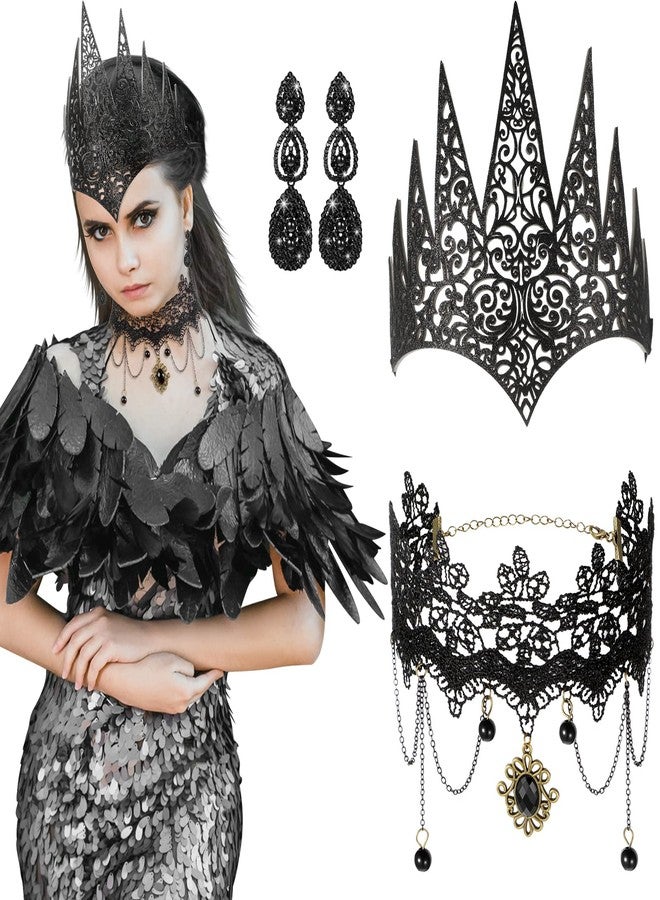 Jadive 4 Pcs Goth Accessories Black Gothic Witch Crown Queen Crown Gothic Necklace Black Lace Choker Earrings Victorian Jewelry Halloween Accessories for Women Punk Party Vampire Jewelry - Image 1