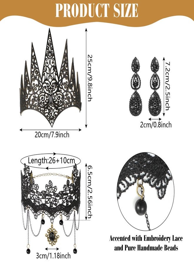 Jadive 4 Pcs Goth Accessories Black Gothic Witch Crown Queen Crown Gothic Necklace Black Lace Choker Earrings Victorian Jewelry Halloween Accessories for Women Punk Party Vampire Jewelry - Image 2