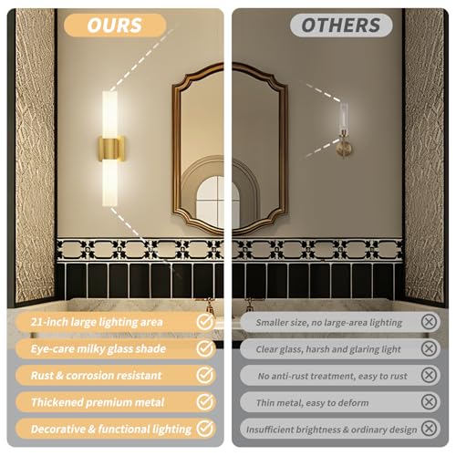 Kalium Bathroom Wall Sconce Fixture, 21 Inch Modern Vanity Lights with Frosted Glass Shade, Indoor Sconces Lighting Wall Decor Lamps for Bathrooms Living Room Stairs Bedroom (Gold) - Image 4