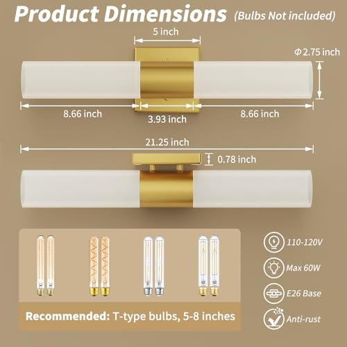 Kalium Bathroom Wall Sconce Fixture, 21 Inch Modern Vanity Lights with Frosted Glass Shade, Indoor Sconces Lighting Wall Decor Lamps for Bathrooms Living Room Stairs Bedroom (Gold) - Image 3