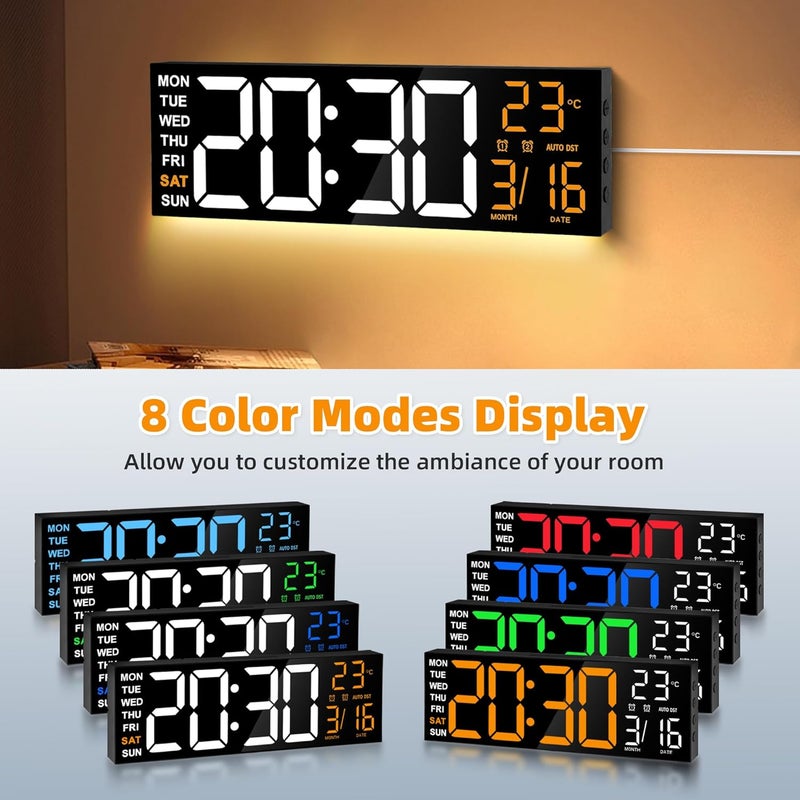 ماكس ستار ساعة جدارية رقمية كبيرة من بحجم 16 بوصة، مزودة بشاشة عرض LED RGB مكونة من 8 أضواء، وجهاز تحكم عن بعد، ومنبهين مزدوجين بصوت عالٍ، ومفتاح تخفيف الإضاءة بـ 5 مستويات، ووظيفة تعديل التوقيت تلقائيًا (DST)، وعرض لدرجة الحرارة والتاريخ، بالإضافة إلى إضاءة ليلية لغرفة النوم/المكتب/غرفة المعيشة/المتجر/الصالة الرياضية/غرفة الألعاب. - Image 3