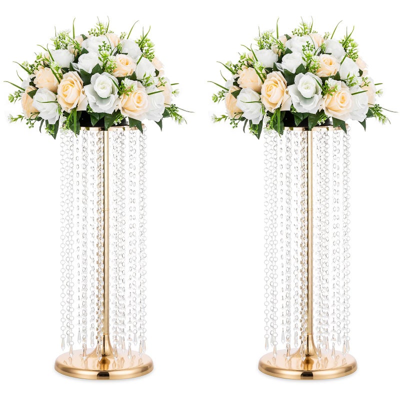 Nuptio 2 Pcs 236inch Tall Gold Crystal Wedding Centerpieces Flower Vases for Party Tables Decorations