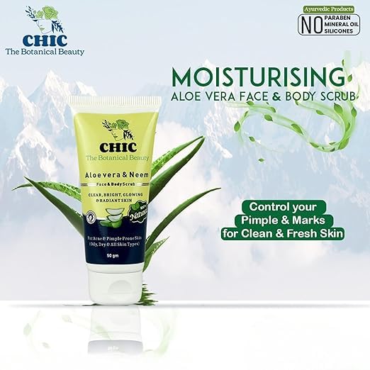 CHIC The Botanical Beauty Combo - Aloe Vera & Neem Face & Body Scrub (50g) + Pure Aloe Vera Gel | Exfoliating, Soothing, Tan Removal & Skin Hydrating Duo | For Glowing, Clear Skin - Men & Women - (100g) - Image 5