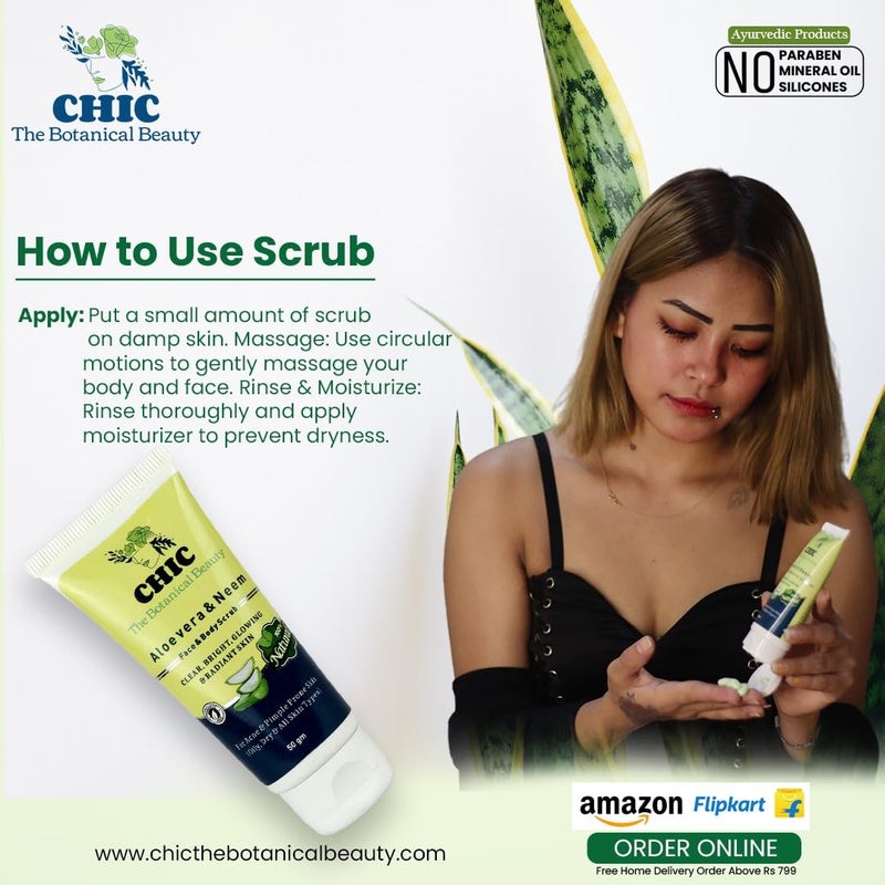 CHIC The Botanical Beauty Combo - Aloe Vera & Neem Face & Body Scrub (50g) + Pure Aloe Vera Gel | Exfoliating, Soothing, Tan Removal & Skin Hydrating Duo | For Glowing, Clear Skin - Men & Women - (100g) - Image 2