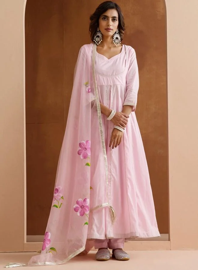 ISHIN Women'S Pink 100% Cotton Embroidered Tunic Full Length Palazzo Straight Fit Kurta Set