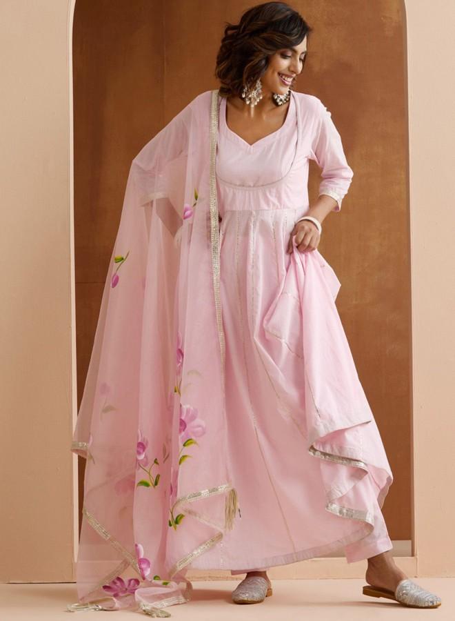 ISHIN Women'S Pink 100% Cotton Embroidered Tunic Full Length Palazzo Straight Fit Kurta Set - Image 3