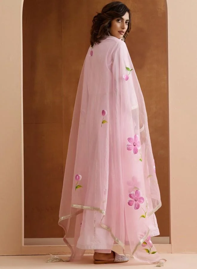ISHIN Women'S Pink 100% Cotton Embroidered Tunic Full Length Palazzo Straight Fit Kurta Set