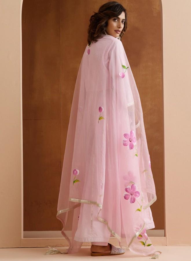 ISHIN Women'S Pink 100% Cotton Embroidered Tunic Full Length Palazzo Straight Fit Kurta Set - Image 5