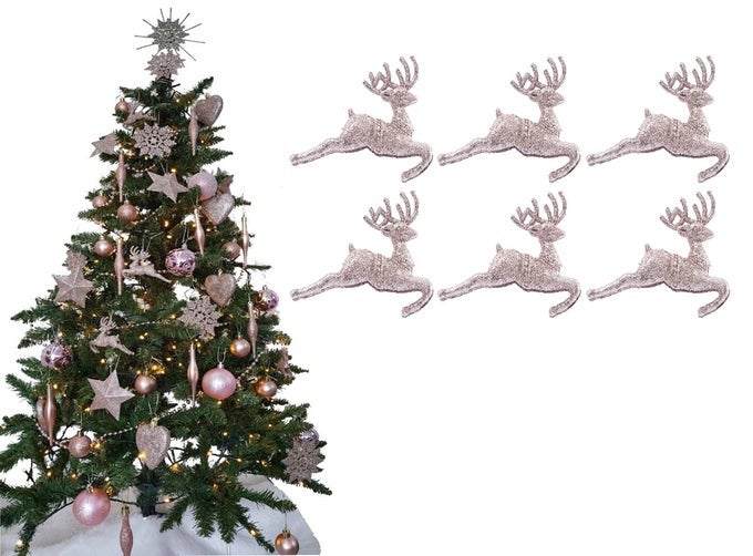PACK OF 6 HANGING GLITTER REINDEER CHRISTMAS TREE DECORATIONS 22CM X 95CM ROSE GOLD