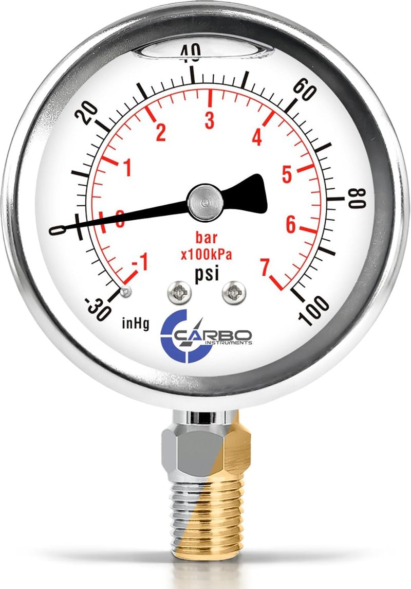 CARBO INSTRUMENTS عداد ضغط من الفولاذ المقاوم للصدأ بشاشة مزدوجة (-30/0 / +100 إنش من الزئبق/باسكال/كيلوباسكال) - مملوء بالجليسرين، مخصص لقياس ضغوط الماء والهواء والزيت والغاز، مزود بعدسة من البوليكاربونات - يتحمل الفراغات الشديدة - موصل بمقاس 1/4 بوصة نوع NPT - Image 1