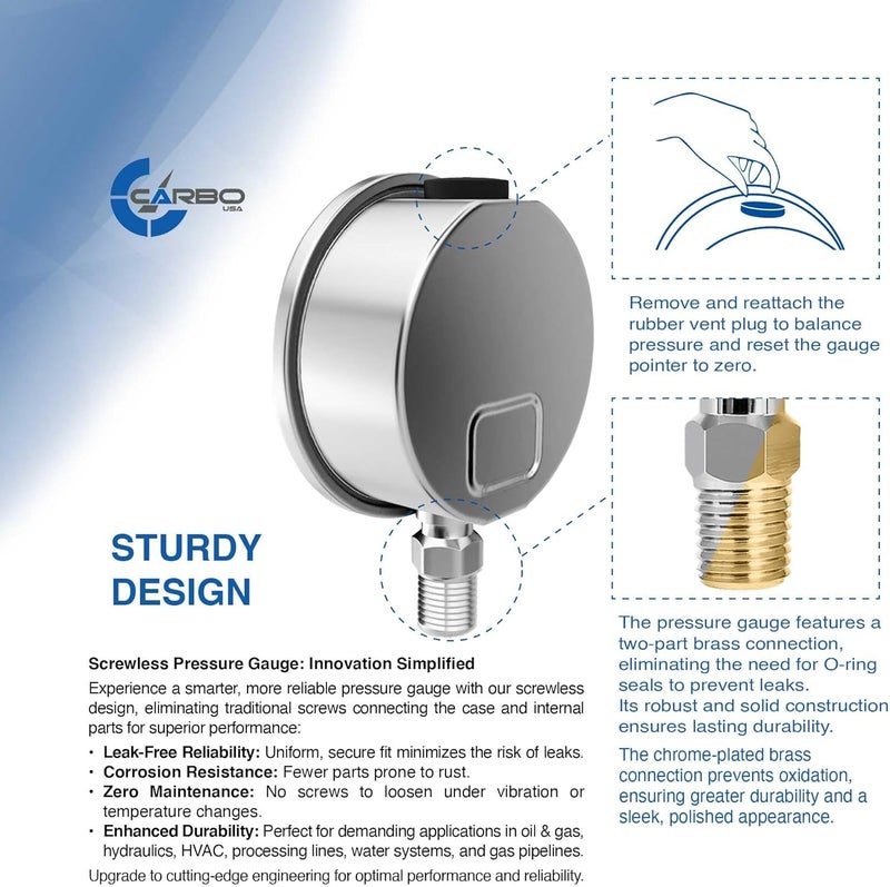 CARBO INSTRUMENTS عداد ضغط من الفولاذ المقاوم للصدأ بشاشة مزدوجة (-30/0 / +100 إنش من الزئبق/باسكال/كيلوباسكال) - مملوء بالجليسرين، مخصص لقياس ضغوط الماء والهواء والزيت والغاز، مزود بعدسة من البوليكاربونات - يتحمل الفراغات الشديدة - موصل بمقاس 1/4 بوصة نوع NPT - Image 3