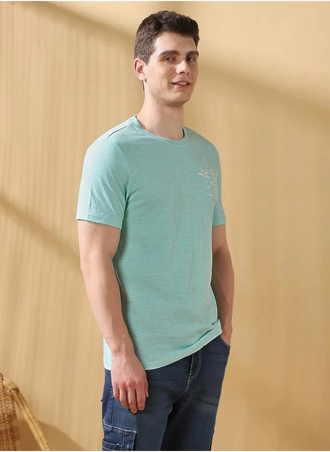 دينيس لينغو Regular Fit Printed Blue 100% cotton slub jersey Regular Length Half Sleeves Round Neck Neckline Knitted Weave T-Shirt for Men -redefine your casual wardrobe today.