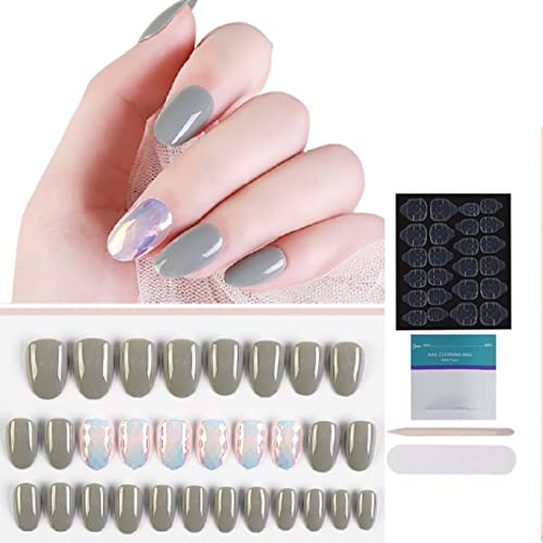 COSLIFESTORE- Press on nails - 24 reusable gel chrome nail extensions nails with full application kit consisting of buffer, manicure tool, 24 jelly tabs- DIY nail art (GREY HOLOGRAPHIC CHROME) - Image 1