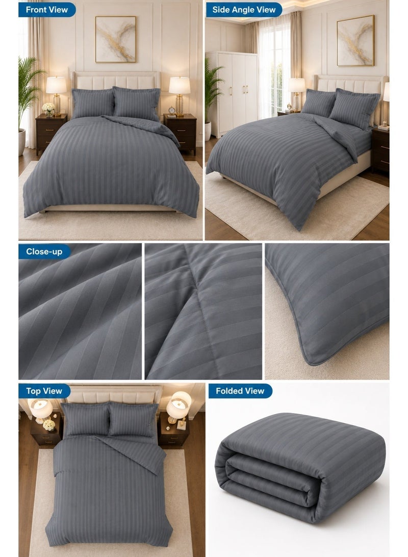 Premium Stripe Comforter Bedding Set in Grey with Fitted Bedsheet & Pillow Covers, Soft Luxury Bed Set for Single, Full, Queen & King Size - Image 2