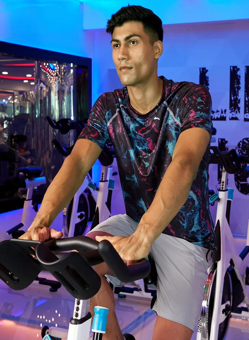 Campus Sutra Men's Midnight Black Abstract Activewear T-Shirt For Casual Wear | Crew Neck | Short Sleeve | Anti-Odor | Dri-Fit | Jersey T-Shirt Crafted With Comfort Fit & High-Performance