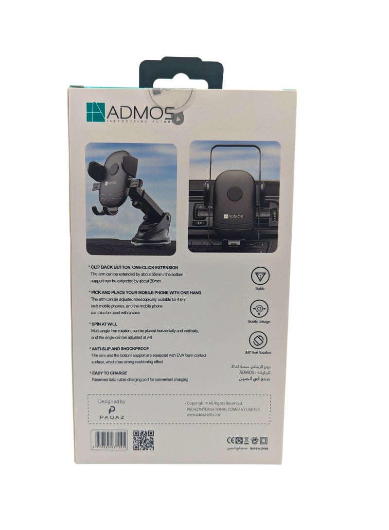 Admos 2 in 1 Universal Suction Cup Car Mount 360-Degree Adjustable Phone Holder, Black - Image 2