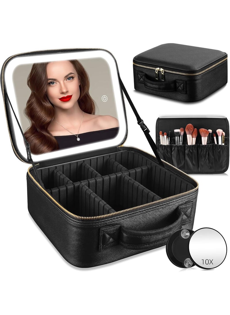 RRtide Travel Makeup Bag with Mirror of LED Lighted, Makeup Train Case with Adjustable Dividers, Makeup Case with Mirror and Detachable 10x Magnifying Mirror - Image 1