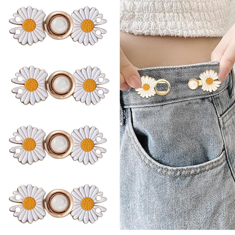Zipzox Zipzox Instant Jeans Button Pins Waist Tightener Set Make The Waist Fit for Skirt Pants Robe No Sewing Required Adjustable Waist Buckle for Loose Jeans Pants 4 pcs New White Flower pin - Image 1