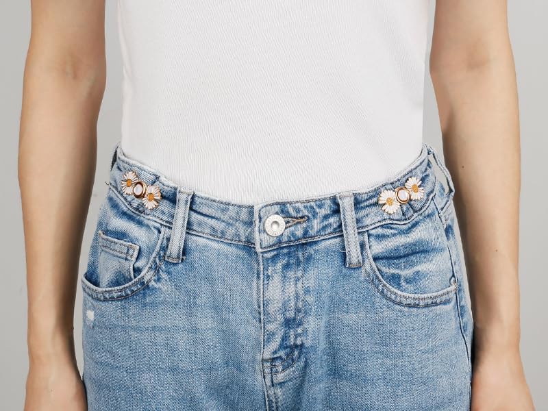 Zipzox Zipzox Instant Jeans Button Pins Waist Tightener Set Make The Waist Fit for Skirt Pants Robe No Sewing Required Adjustable Waist Buckle for Loose Jeans Pants 4 pcs New White Flower pin - Image 5