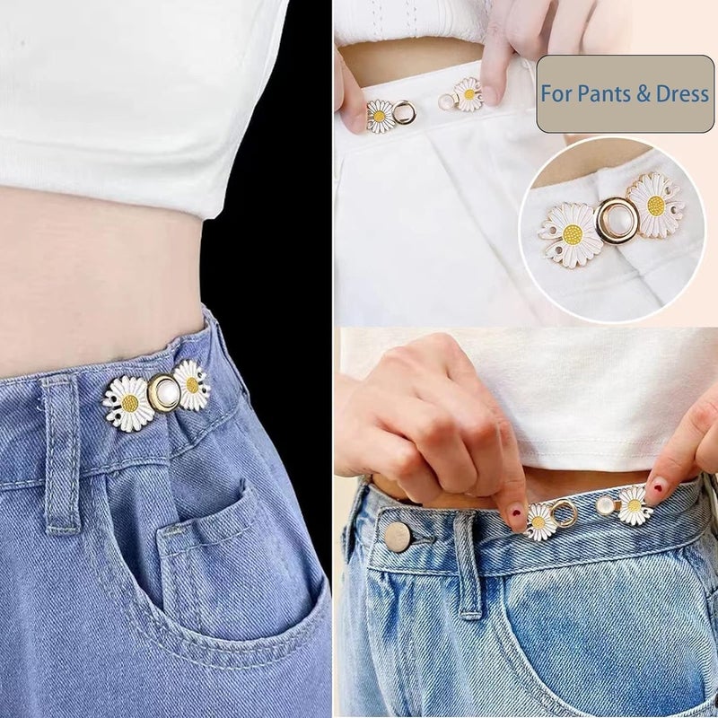 Zipzox Zipzox Instant Jeans Button Pins Waist Tightener Set Make The Waist Fit for Skirt Pants Robe No Sewing Required Adjustable Waist Buckle for Loose Jeans Pants 4 pcs New White Flower pin - Image 4