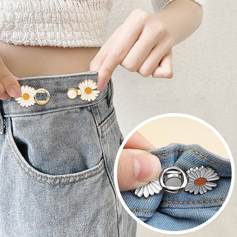 Zipzox Zipzox Instant Jeans Button Pins Waist Tightener Set Make The Waist Fit for Skirt Pants Robe No Sewing Required Adjustable Waist Buckle for Loose Jeans Pants 4 pcs New White Flower pin - Image 2