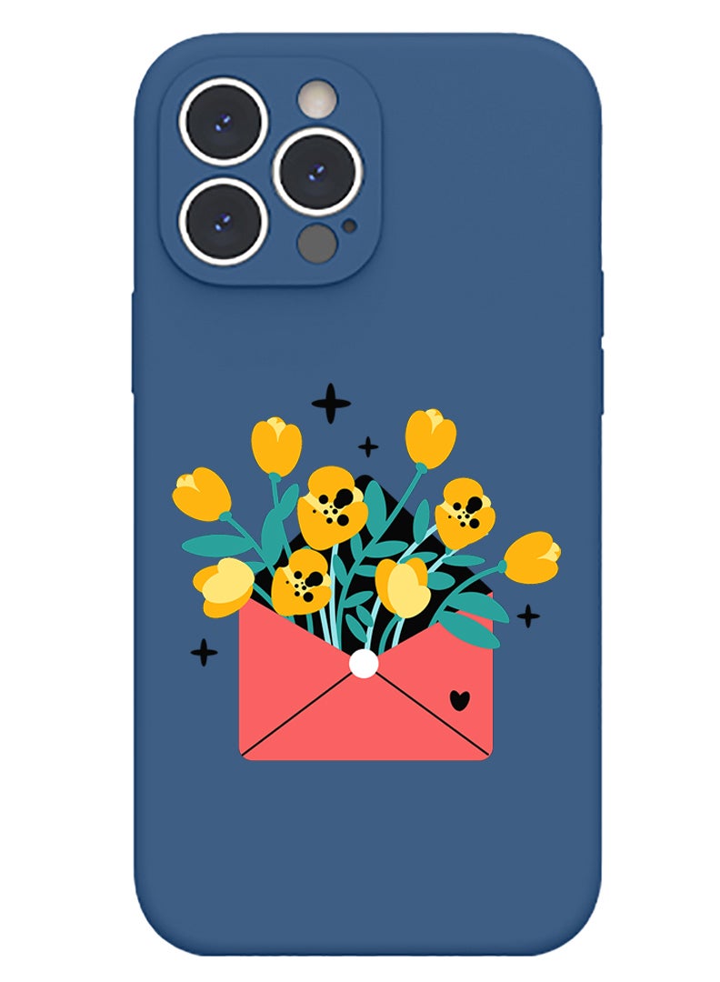 Theodor Protective Slim Fit Case Liquid Silicone Cover with Full Body Protection Anti-Scratch Shockproof Case For iPhone 14 Pro Max Blue  - Flowers - Image 1