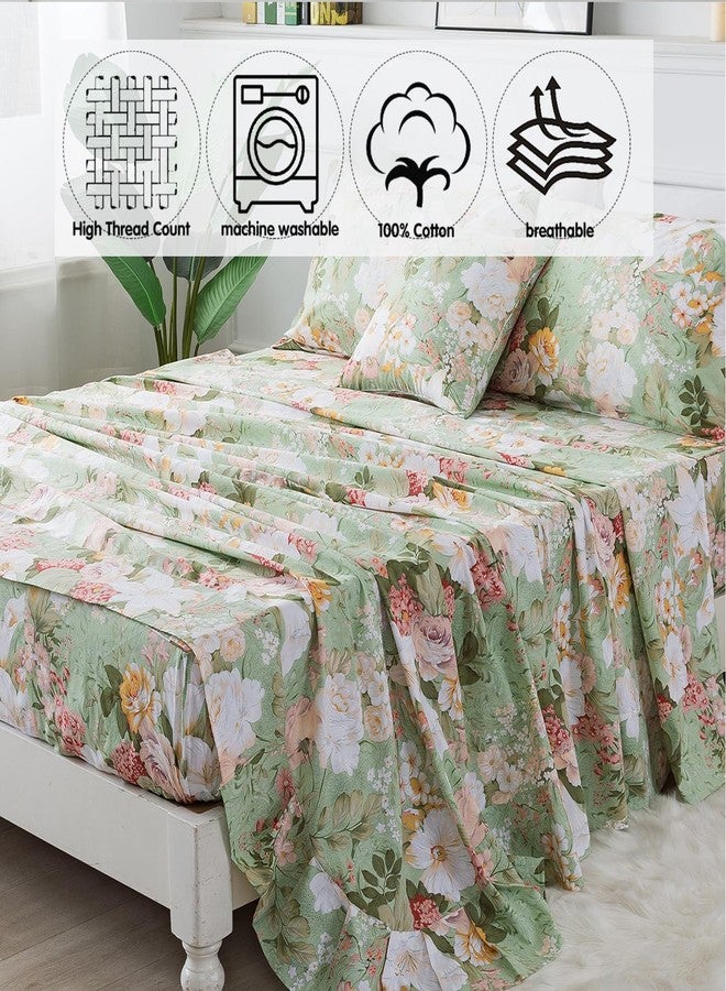 FADFAY Floral Bed Sheets Set Queen Size 100% Cotton Mint Green Botanical Sheet Sets Countryside Bedding Soft Breathable Girls Lily Flower Printed Deep Pocket Sheet 17.5 inch, 4 Pcs Queen - Image 4