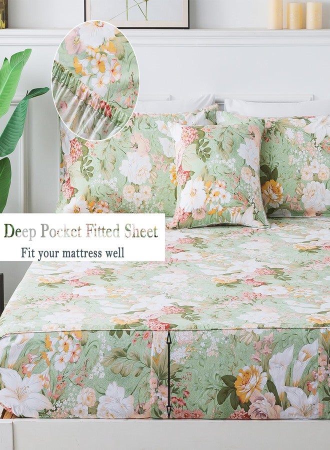 FADFAY Floral Bed Sheets Set Queen Size 100% Cotton Mint Green Botanical Sheet Sets Countryside Bedding Soft Breathable Girls Lily Flower Printed Deep Pocket Sheet 17.5 inch, 4 Pcs Queen - Image 3