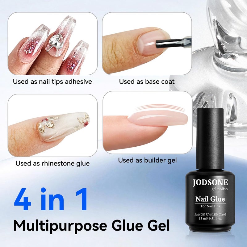 JODSONE 15ml Nail Glue Gel 4 in 1 for Nail Tips Long Lasting Extension Glue for Clear Nail Tips and Clear Press on Nails, Nail Repair Treatment, Salon Art DIY at Home Need U V Light Cured - Image 4