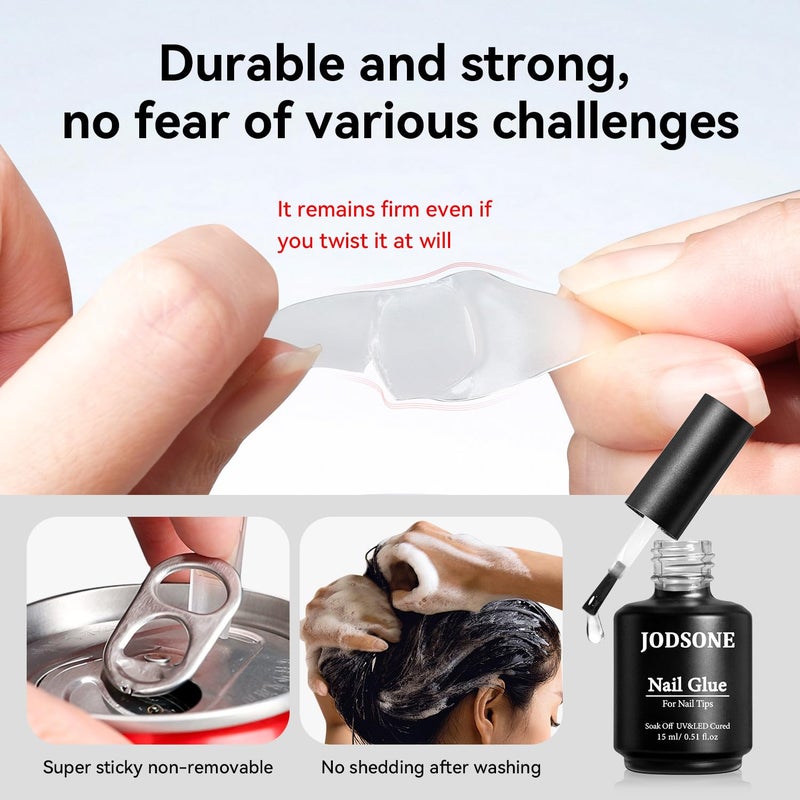 JODSONE 15ml Nail Glue Gel 4 in 1 for Nail Tips Long Lasting Extension Glue for Clear Nail Tips and Clear Press on Nails, Nail Repair Treatment, Salon Art DIY at Home Need U V Light Cured - Image 5