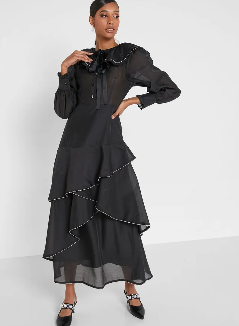 sister jane Balloon Sleeve Ruffle Detail Tiered Dress