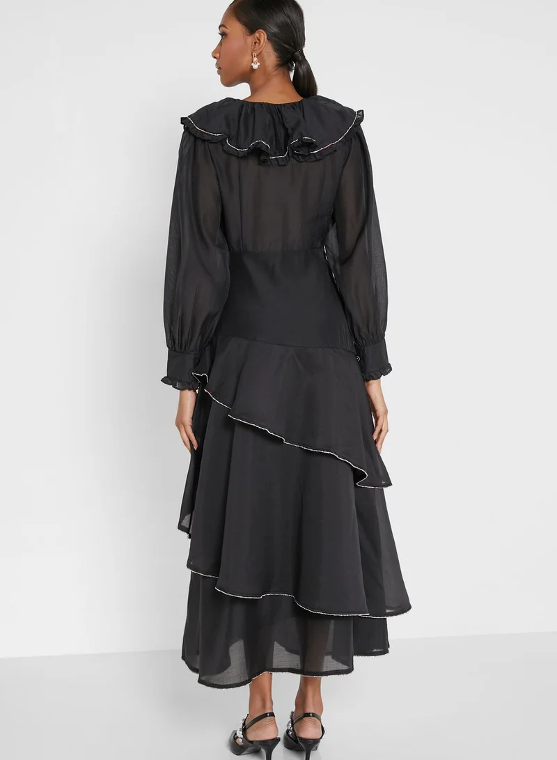 sister jane Balloon Sleeve Ruffle Detail Tiered Dress