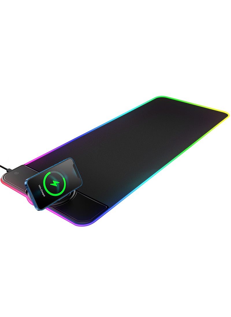 Generic - RGB Large Gaming Mouse Pad with Wireless Chargering, 15W LED Big Keyboard Mousepads Mat, Premium Microfiber Cloth, Non-Slip Base, Spill-Resistant Computer Desk Pad Mat, 32X12in - Image 1