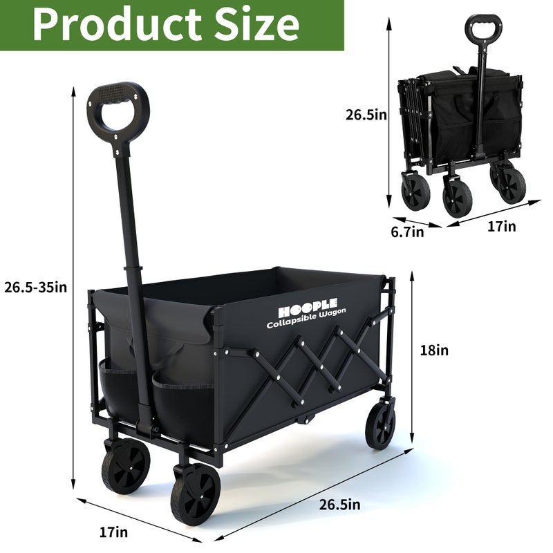 Hoople Collapsible Wagon with Wheels, Wagons Carts Foldable 220 lbs Heavy Duty, Folding Utility Wagon Cart with All-Terrain Wheels, Telescoping Handle & 2 Cup Holders for Beach Garden Grocery Shopping - Image 2
